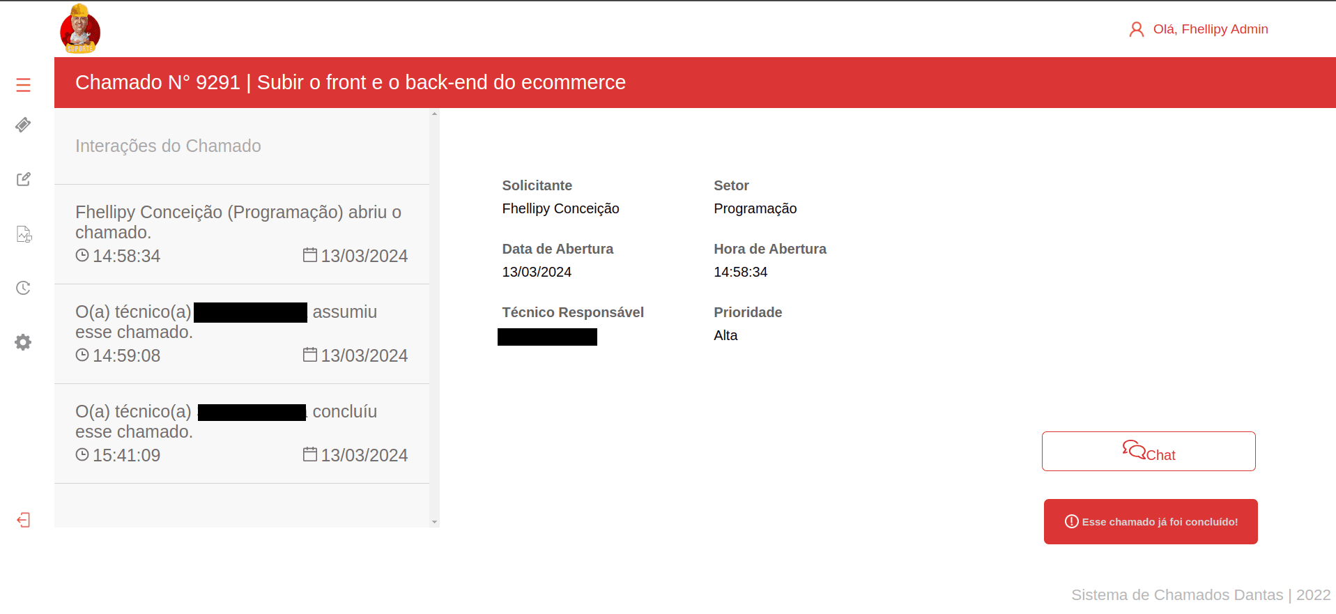 Imagem dos detalhes do sistema de chamados interno Imagem dos detalhes do sistema de chamados interno