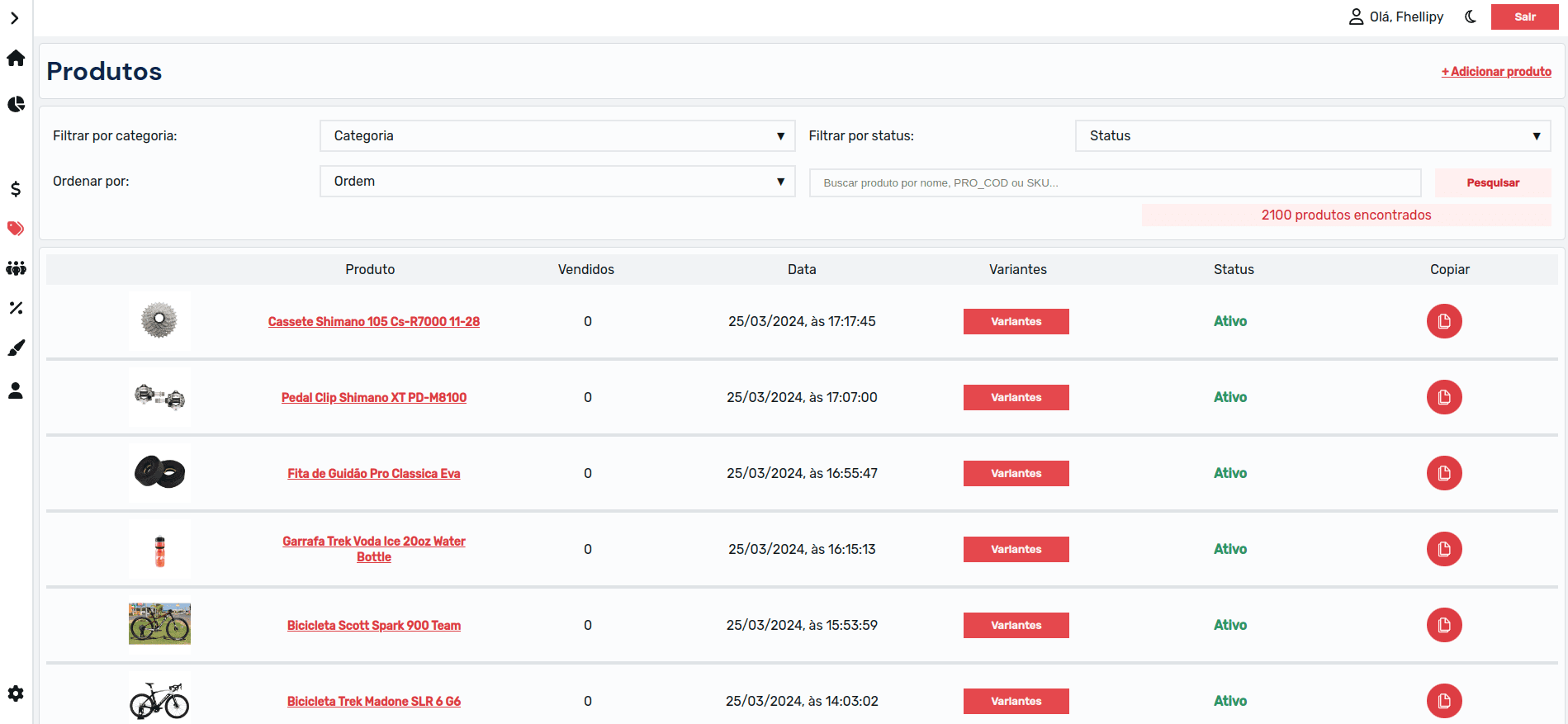 Imagem dos produtos do Ecommerce admin em lightmode Imagem dos produtos do Ecommerce admin em lightmode